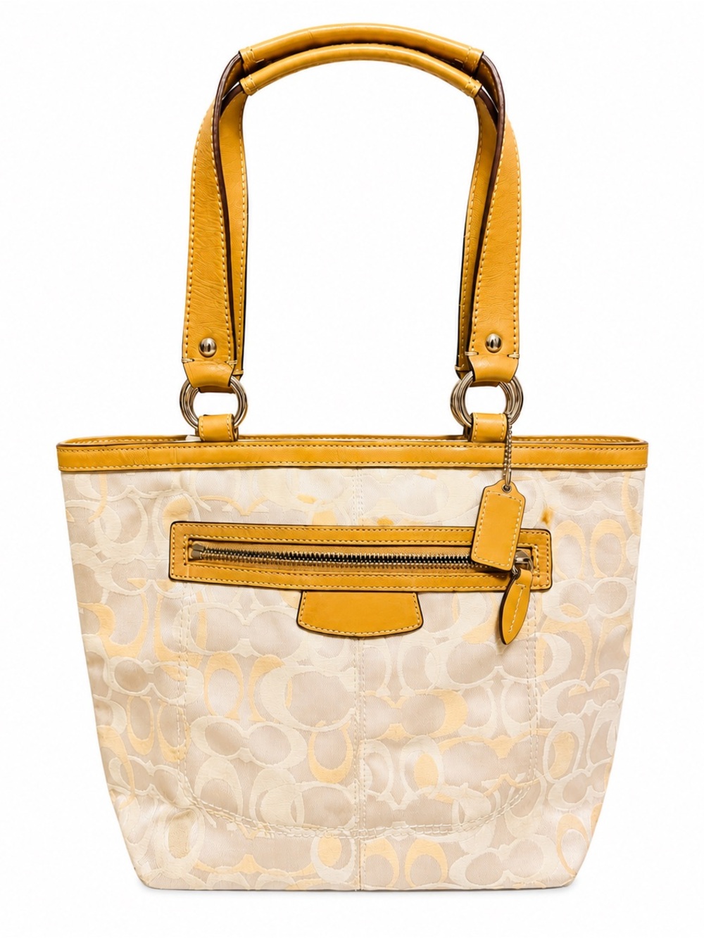 Coach Signature Tote Bag Beige Tan Jacquard Leather Trim Large 14x9